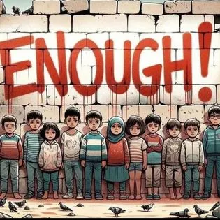 dessin: enfants contre un mur 'enough'